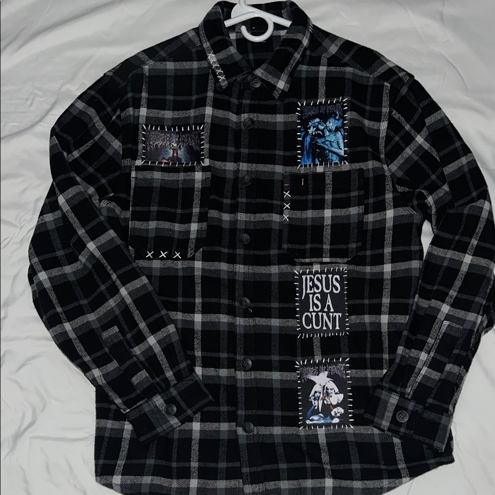 Black and Gray Plaid Men's Custom one of a kind Cradle of Filth Large flannel